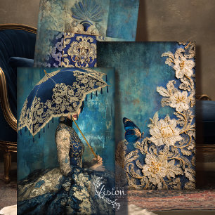 Azure Allure Navy Goud Kant Damast Baljurk Set Inpakpapier Vel