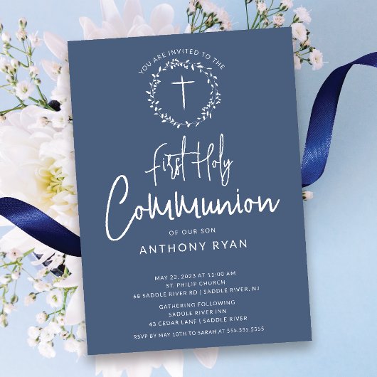 Azure Blessings Boys Communion Invitation Kaart