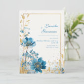 Azure Blooms & Gold Leaf Waterverf Wedding Kaart (Staand voorkant)