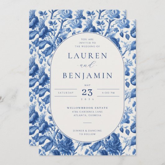 Azure Blooms Wedding Kaart (Voorkant / Achterkant)