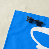 Azure Blue and White Lettering Script Strandlaken (In situ)