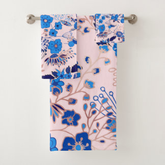  Azure Blue Blush Pink Floral Illustration Bad Handdoek