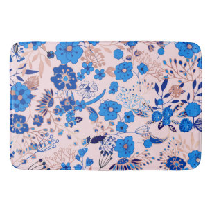  Azure Blue Blush Pink Floral Illustration Badmat