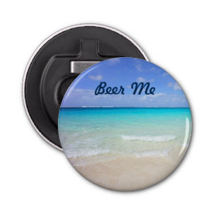 Azure Blue Caribbean Tropical Beach Beer Me Button Flesopener