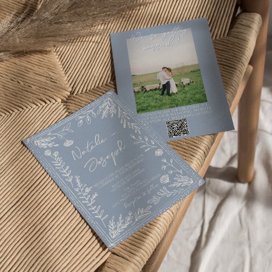 Azure Blue Floral Botanical QR Code Photo Wedding Kaart