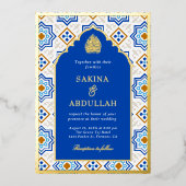 Azure Blue Persian Mozaïek Moslim Bruiloft Goud Folie Uitnodiging (Voorkant)