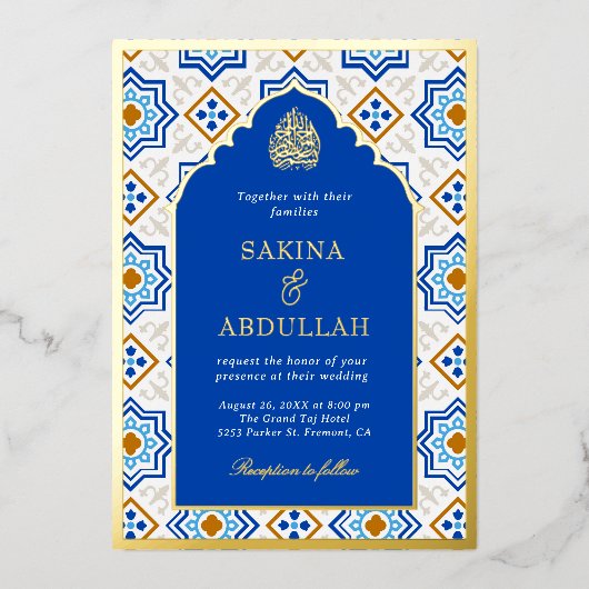 Azure Blue Persian Mozaïek Moslim Bruiloft Goud Folie Uitnodiging (Voorkant)
