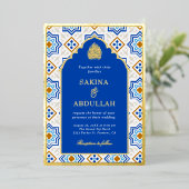 Azure Blue Persian Mozaïek Moslim Bruiloft Goud Folie Uitnodiging (Staand Voorkant)