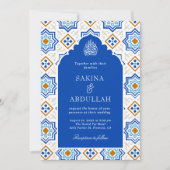 Azure Blue Persian Mozaïek QR Code Moslim Bruiloft Kaart (Voorkant)
