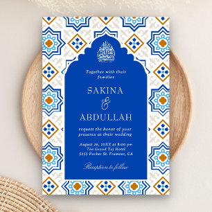 Azure Blue Persian Mozaïek QR Code Moslim Bruiloft Kaart