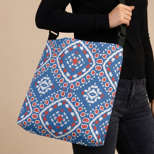 Azure Blue Red en White Ethnic Bohemian Pattern Crossbody Tas