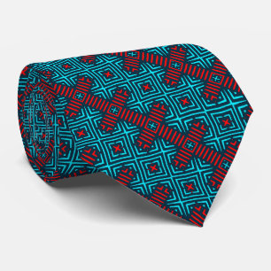 Azure Blue Red Retro Pattern Necktie Stropdas