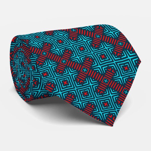 Azure Blue Red Retro Pattern Necktie Stropdas (Opgerold)