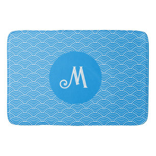 Azure Blue Wave Pattern Monogrammed Badmat