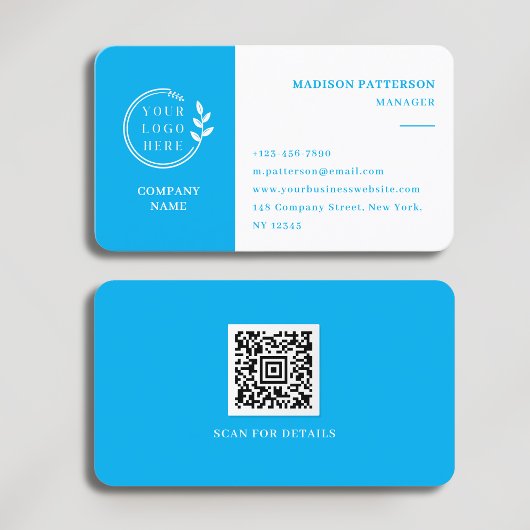 Azure Blue White Logo QR Code Minimalist Modern Visitekaartje