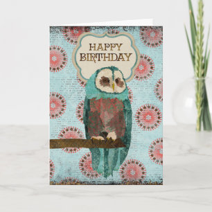 Azure & Blush Owl Birthday Card Kaart
