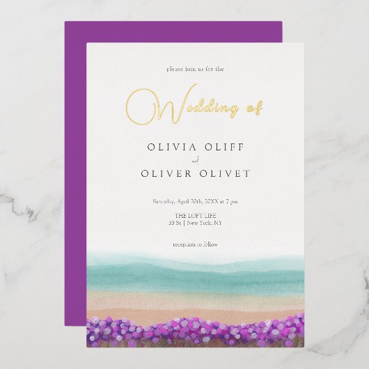 Azure Coast in Bloom Wedding Folie Uitnodiging (Voorkant / Achterkant)