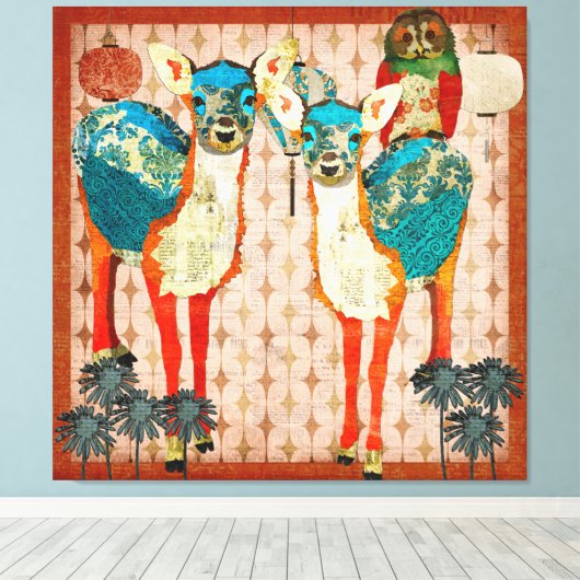 Azure Deer & Roos Uil Fiesta Canvas Art (Insitu (Houten vloer))