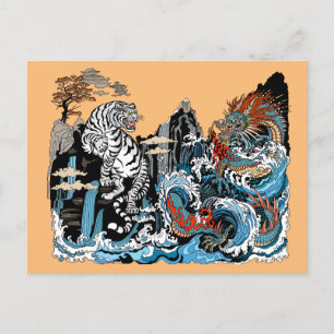 Azure Dragon en White Tiger. Illustratie Briefkaart