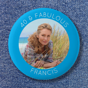 Azure en witte 40 & Fabulous Foto Ronde Button 5,7 Cm