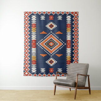 Azure Navy and Terracotta Geometric Tribal Wandkleed