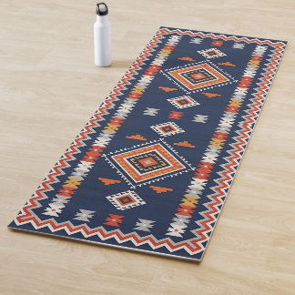Azure Navy and Terracotta Geometric Tribal Yogamat