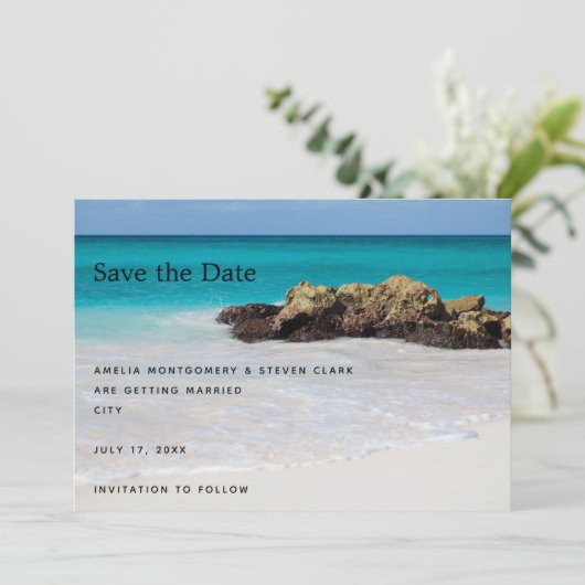 Azure Ocean Sandy Beach Fotobruiloft Save The Date (Staand voorkant)