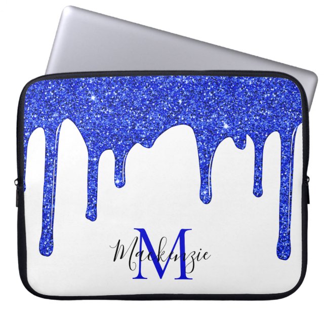 Azure Royal Blue Sparkle Glitter Drives Monogram Laptop Sleeve (Voorkant)