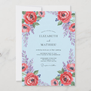 Azurorode Wilde Bloemen Bruiloft Kaart