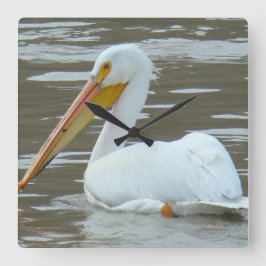 B15 White Pelican on Muddy Water Vierkante Klok