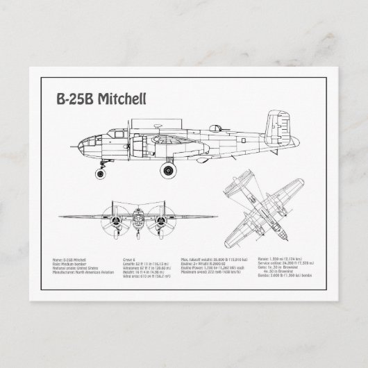B-25B Mitchell Doolittle - Vliegtuigblauwdruk BD Briefkaart (Voorkant)