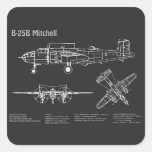 B-25B Mitchell Doolittle - Vliegtuigblauwdruk PD Vierkante Sticker