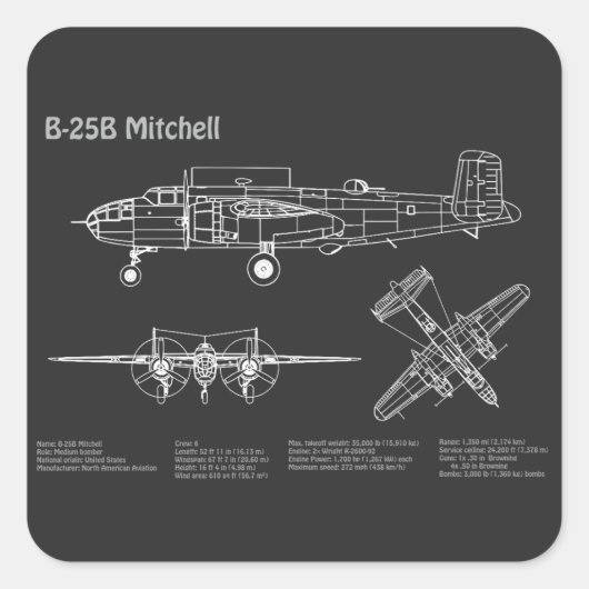 B-25B Mitchell Doolittle - Vliegtuigblauwdruk PD Vierkante Sticker (Voorkant)