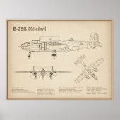 B-25B Mitchell Doolittle - Vliegtuigblauwdruk SD Poster (Voorkant)