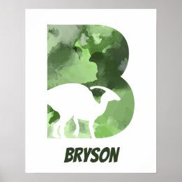 "B" Dinosaur Waterverf Green Child Name Poster