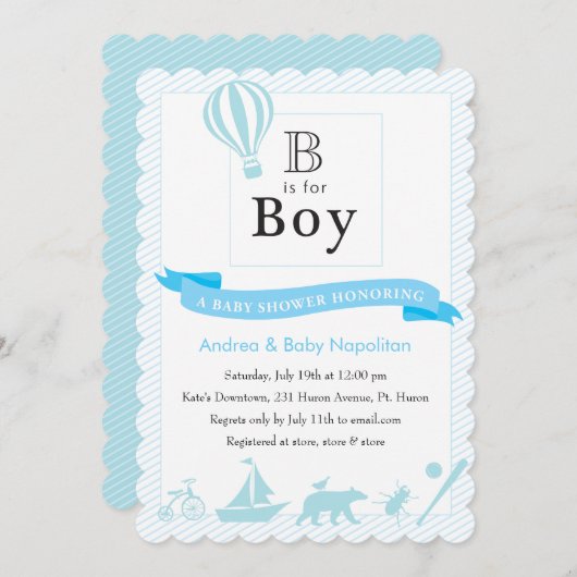 B est pour Boy| Invitations de douches pour bébés (Devant / Derrière)