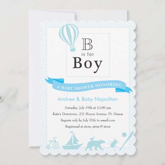 B est pour Boy| Invitations de douches pour bébés (Devant)