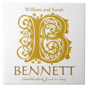 B Gold Monogram op wit - Names WeddenDatum Tile Tegeltje