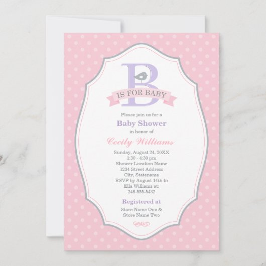 B is voor Baby Pink Baby Meisje Baby shower Kaart (Voorkant)