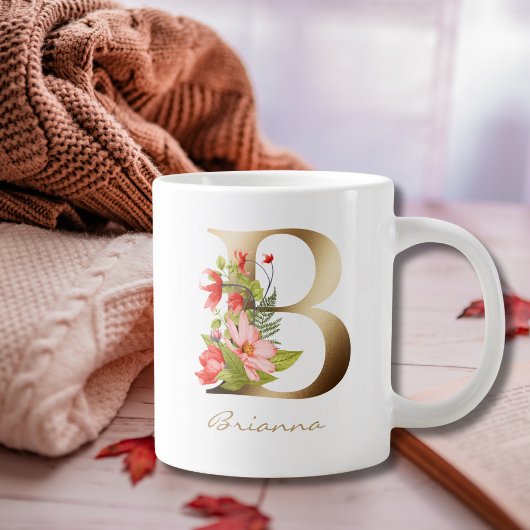 B Letter Gold Monogram | Rode Oranje groene Floral Extra Grote Beker