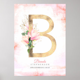 B Letter Monogram Gouden Bladeren Roze Magnolia Bl Poster