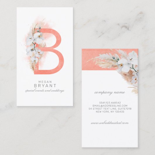 B Letter Monogram White Orchids and Pampas Grass Visitekaartje (Voorkant / Achterkant)
