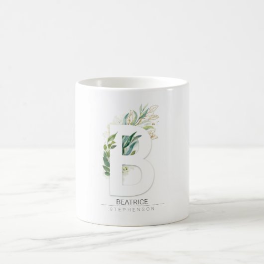 B Monogram Gold Greenery Leaves Elegant Name Koffiemok (Center)