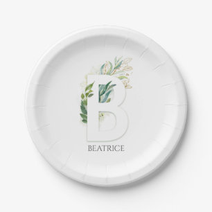 B Monogram Gouden Groene Bladeren Elegant Naam Papieren Bordje