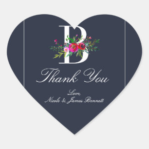 B Monogram Laatste Initiaal Modern Blauw Bloemstuk Hart Sticker