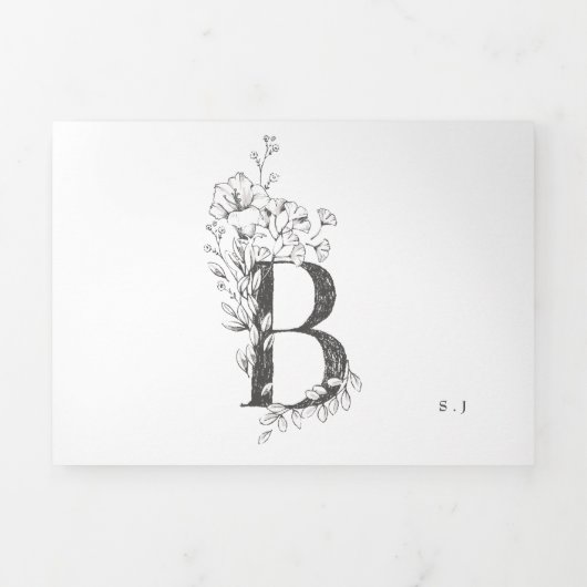 'B' Monogram mooi geborsteld Floral bruiloft Drieluik Uitnodiging (Cover)