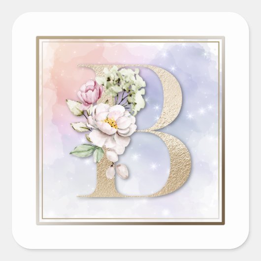 B Monogram Roze Bloem Vierkante Sticker (Voorkant)