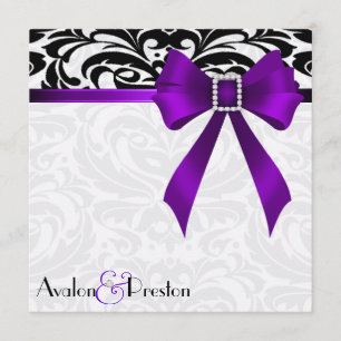 B&W Brocade Paarse Bow Damask Weduwuitnodiging Kaart