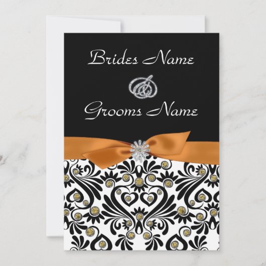 B & W Damask avec Faire-part de mariage orange brû (Devant)