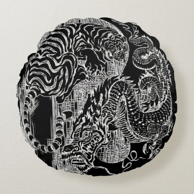 B&W Dragon Tiger Yin Yang Symbol Etch Rond Kussen (Voorkant)